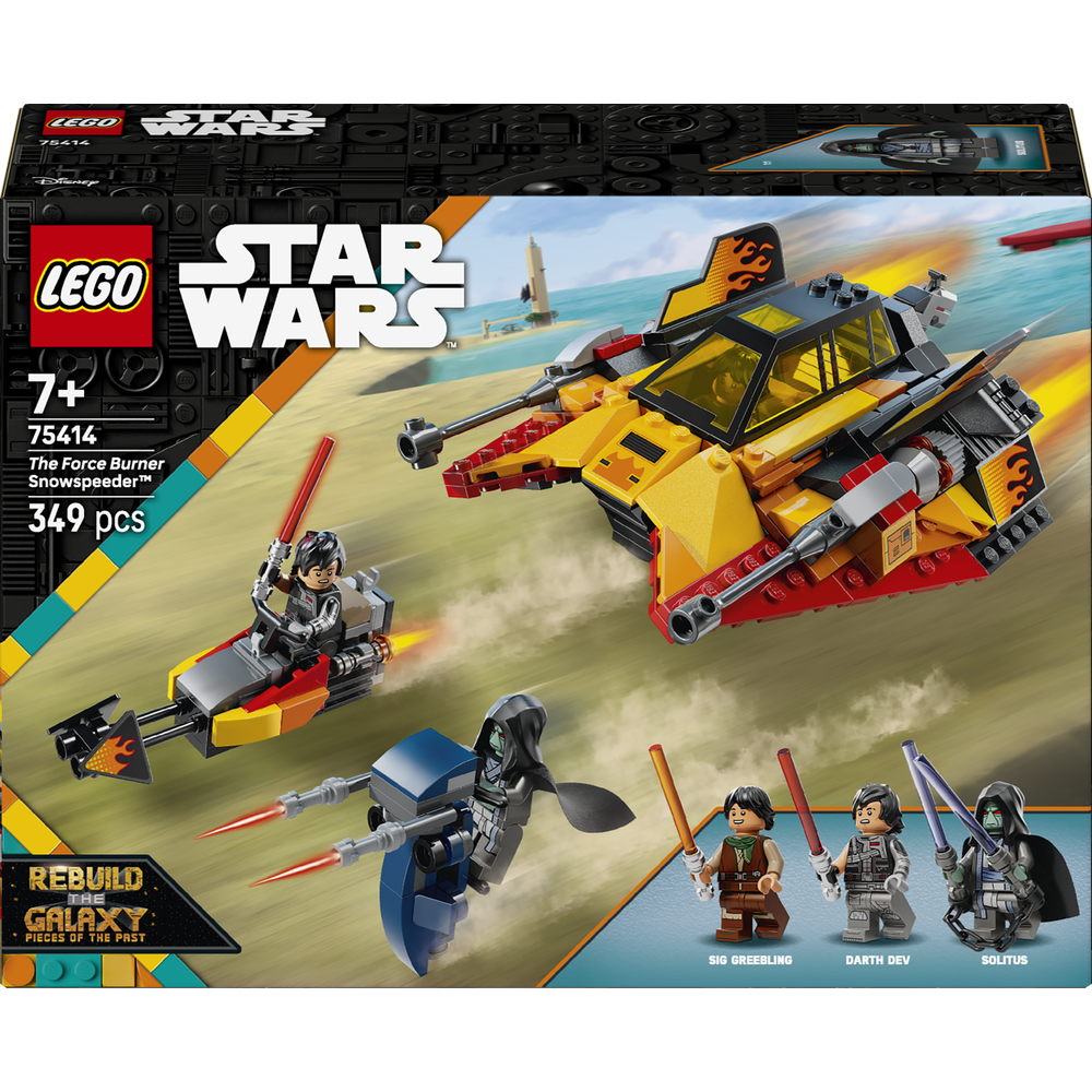LEGO Star Wars 75414 The Force Burner Snowspeeder set box featuring yellow and red spacecraft, three minifigures including Darth Dev and Solitius, 349 pieces, age 7+