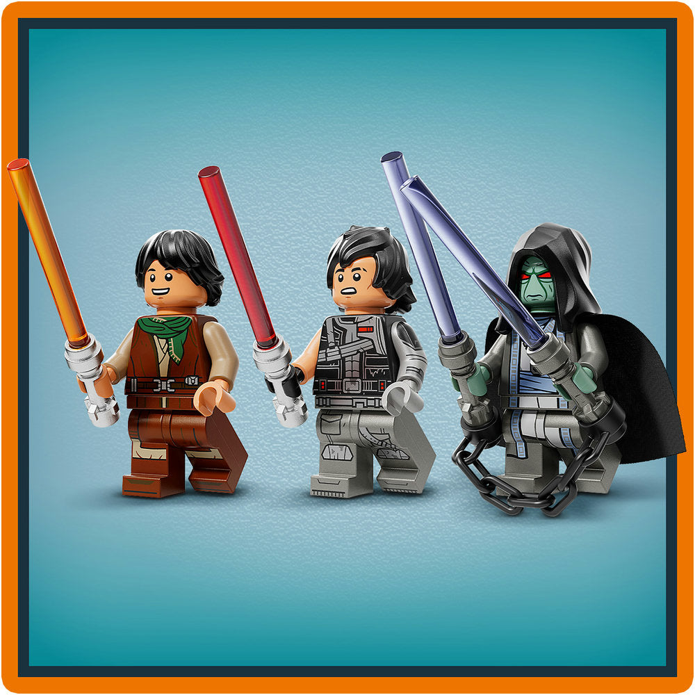 Three LEGO minifigures with lightsabers displayed against a blue background with orange border frame, featuring a character in brown robes with yellow lightsaber, a grey-armored figure with red lightsaber, and a dark-hooded character with green skin holding purple lightsabers