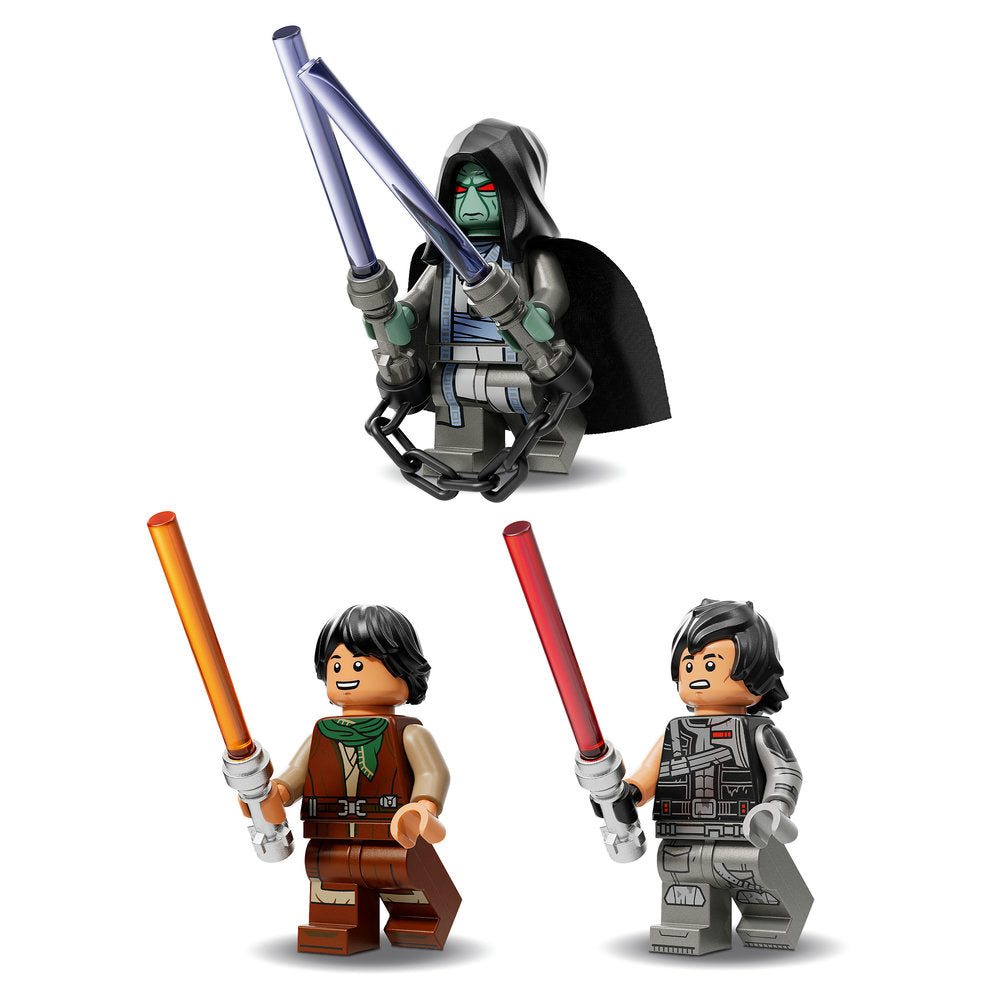 LEGO Star Wars minifigures set featuring three characters with lightsabers including a hooded villain with green skin holding dual blue sabers, a character in brown robes with orange lightsaber, and a figure in gray armor with red lightsaber, displayed against white background