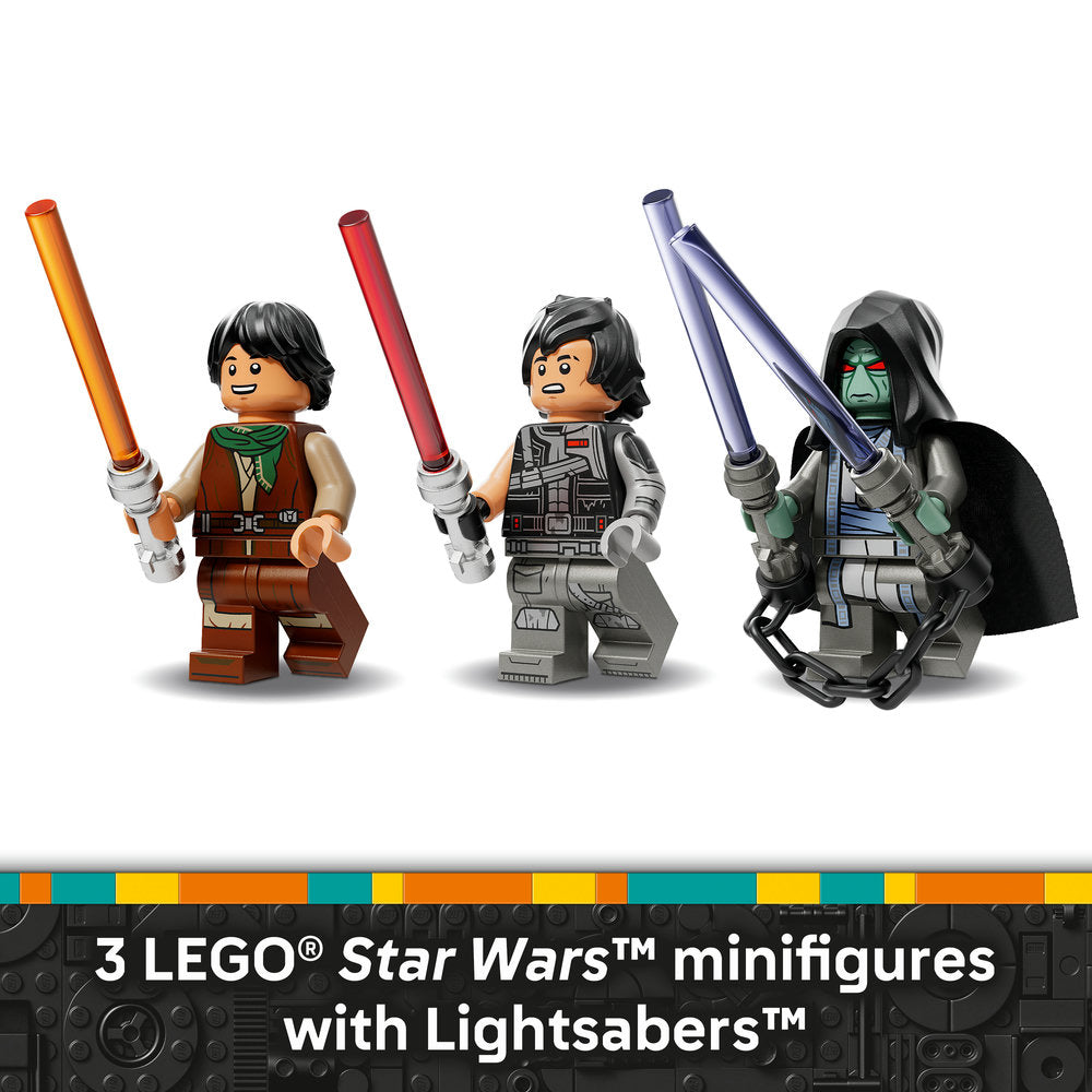 Three LEGO Star Wars minifigures with lightsabers displayed against white background, featuring characters in brown robes, gray armor, and dark hooded outfit with green face