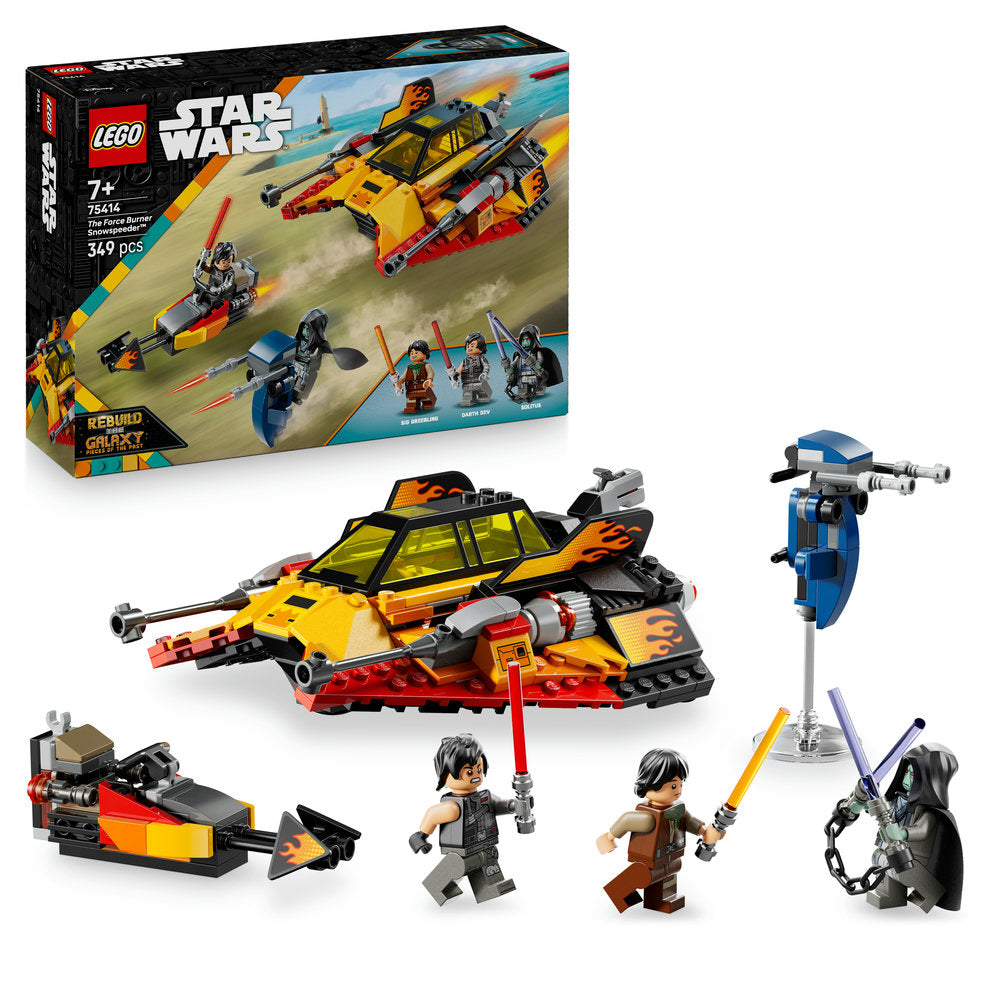 LEGO Star Wars 75414 The Force Burner Snowspeeder set featuring yellow and red buildable aircraft with flame details, blue speeder bike, four minifigures including Jedi with lightsabers, and small weapon accessories on neutral background with original packaging box displayed in top left corner