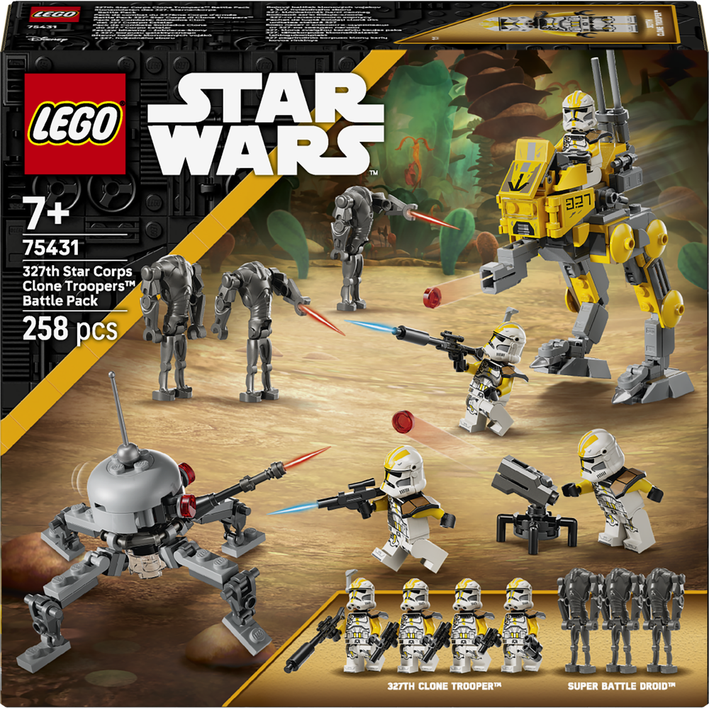 LEGO Star Wars 75431 327th Star Corps Clone Troopers Battle Pack featuring yellow and white minifigures, grey battle droids, a yellow mech walker, and a spherical droid on sandy terrain with green rock formations, 258 pieces for ages 7+