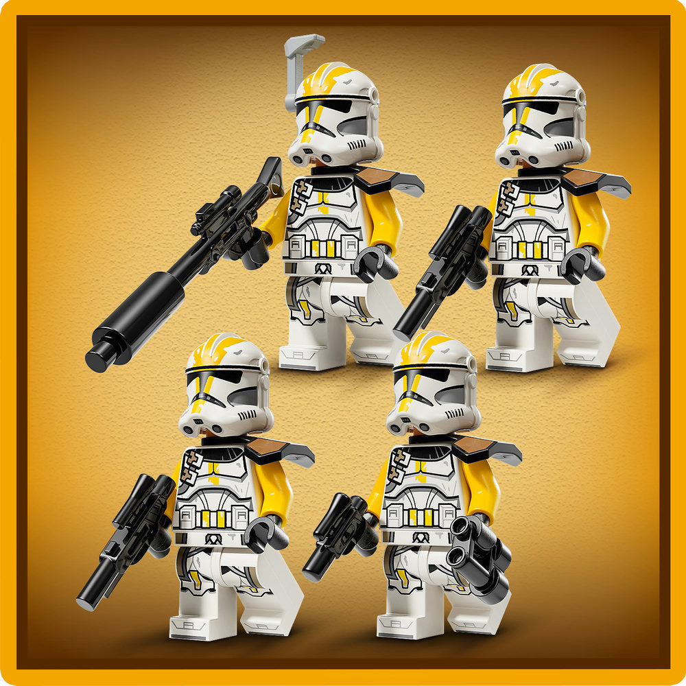 LEGO 327th Star Corps Clone Troopers minifigures set displaying five white and yellow armored soldiers with black weapons on golden background