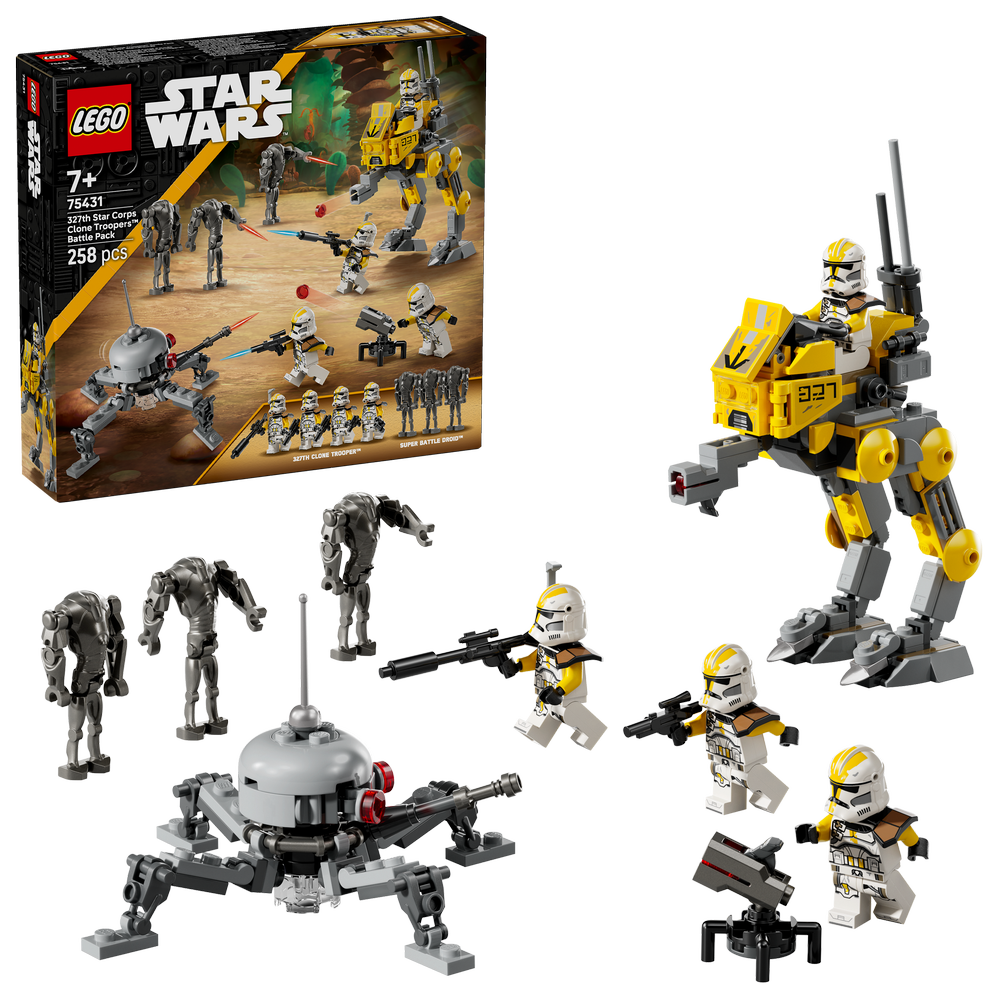LEGO Star Wars 75431 327th Star Corps Clone Troopers Battle Pack featuring yellow and white clone trooper minifigures with weapons, gray battle droids, a spherical droid walker with red accents, and a large yellow and gray AT-TE walker, displayed with original packaging showing 258 pieces for ages 7 and up