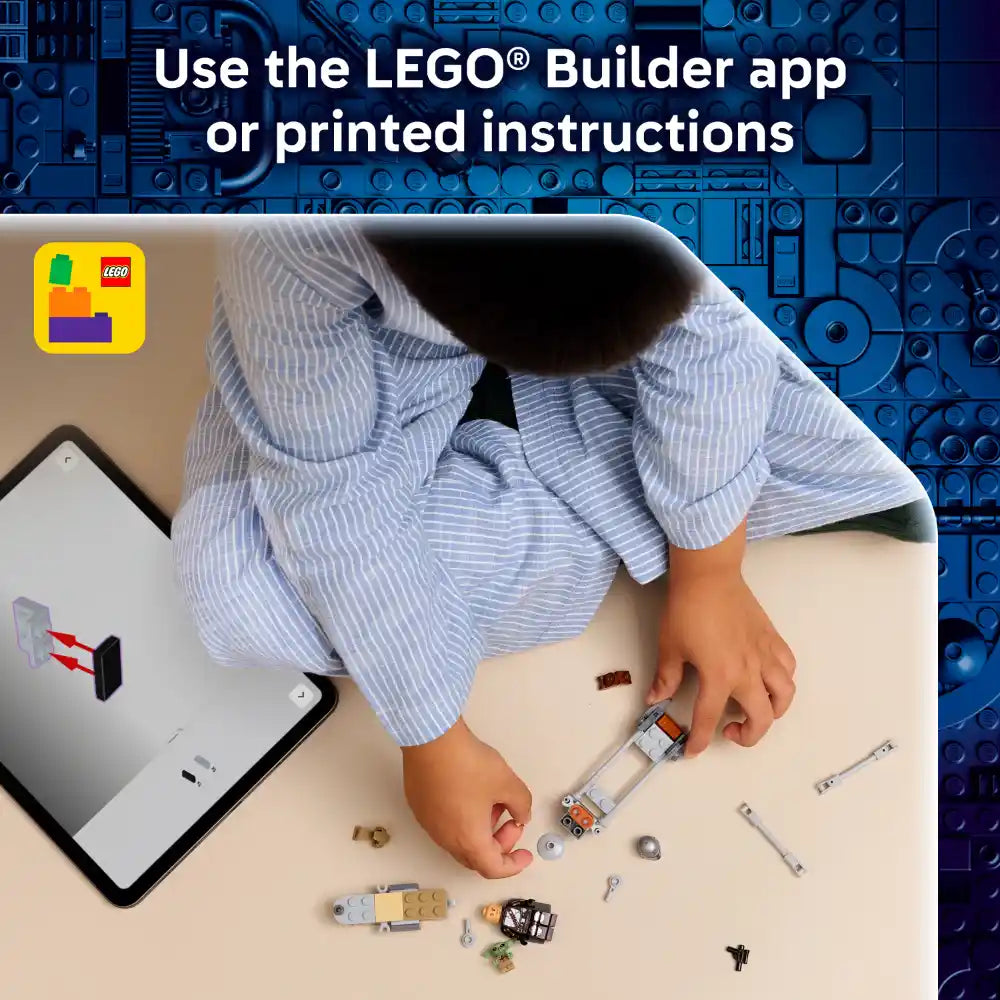 Child's hands assembling LEGO Star Wars Mandalorian speeder bike set with instruction guide on smartphone and printed manual, displaying blue LEGO brick background and scattered colorful components including white, orange, and black pieces