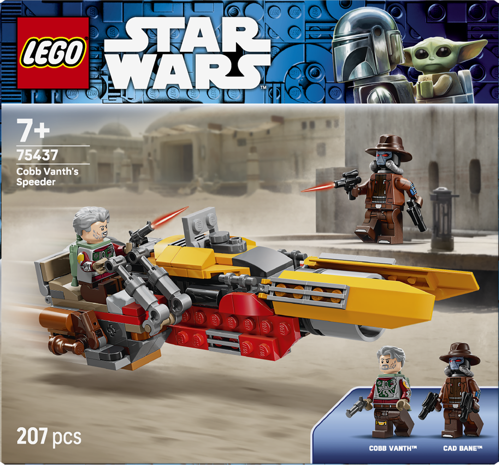 LEGO Star Wars 75437 Cobb Vanth's Speeder set featuring yellow and red brick speeder vehicle with gray-haired minifigure pilot, brown-robed Cobb Vanth and Cad Bane minifigures, desert background, 207 pieces, age 7 plus