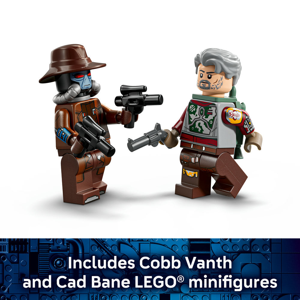 Two LEGO minifigures facing each other in an action pose: Cobb Vanth wearing a brown cowboy hat and leather jacket holding a blaster rifle, and Cad Bane with gray hair wearing a red and green outfit holding a blaster pistol, set against a white background with blue LEGO brick pattern at bottom