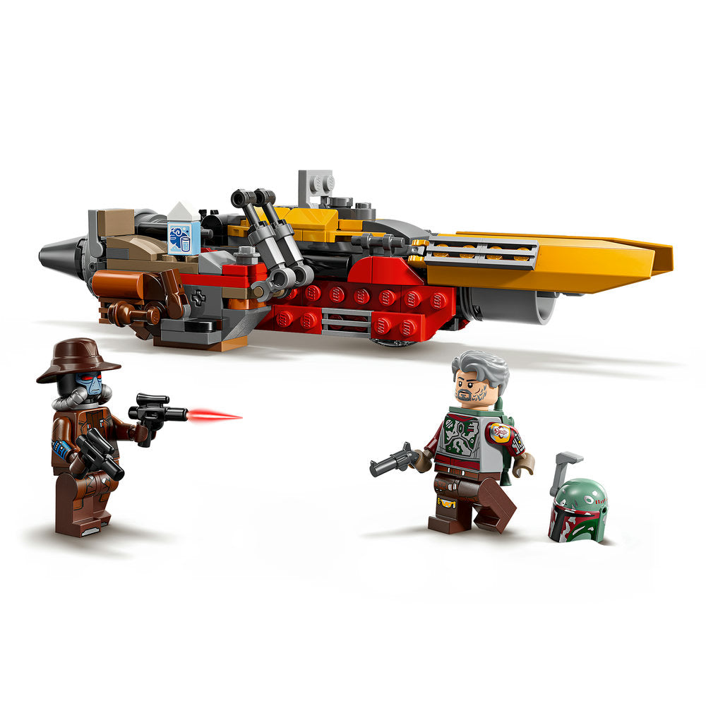 LEGO Cobb Vanth's Speeder set 75437 featuring a yellow and red brick-built speeder vehicle with brown and black accents, including three minifigures: a brown-clothed character with hat and blaster, an older grey-haired character in red armor with blaster, and a green helmet piece displayed on white background