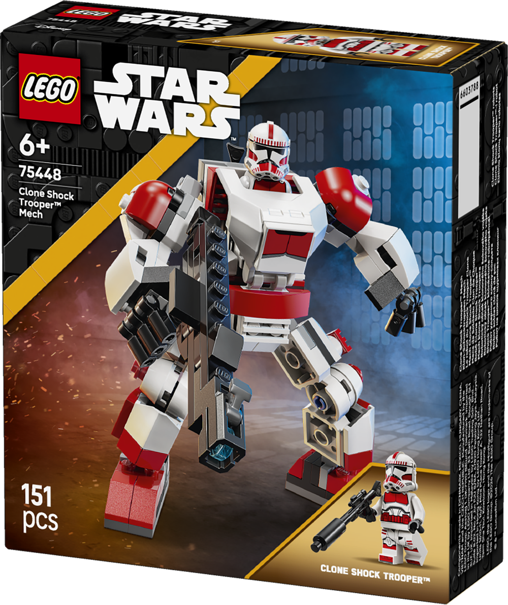 LEGO Star Wars Clone Shock Trooper Mech set 75448 featuring a red and white buildable mech suit with articulated limbs, helmet-shaped cockpit, and included minifigure, displayed on packaging box with 151 piece count for ages 6 and up