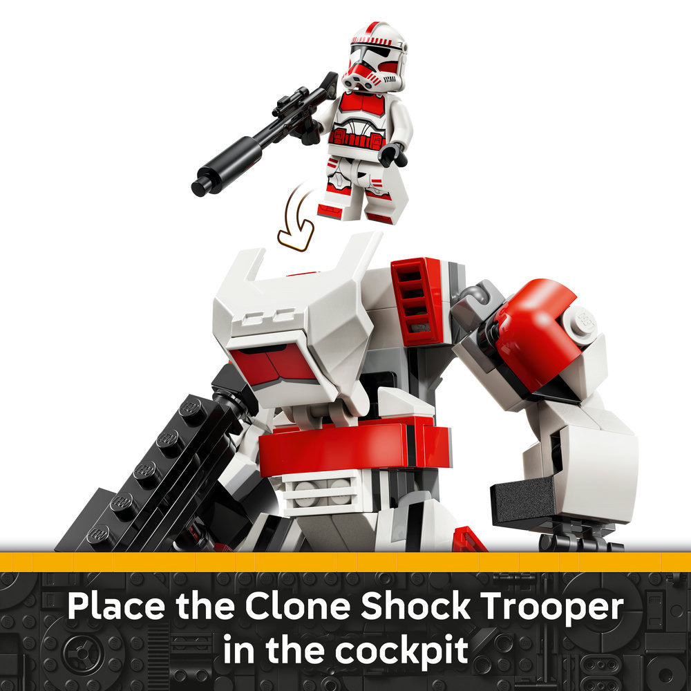 LEGO Clone Shock Trooper Mech 75448 building set featuring red and white minifigure standing on top of large white and red mechanical walker with black weapon accessories