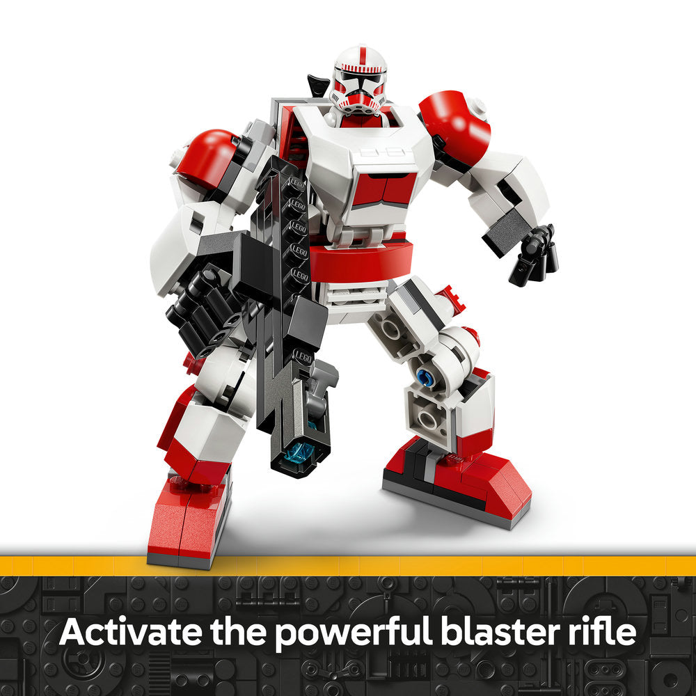 LEGO Clone Shock Trooper Mech 75448 buildable robot figure in red white and black with articulated limbs spherical fists and blaster rifle weapon against grey platform base