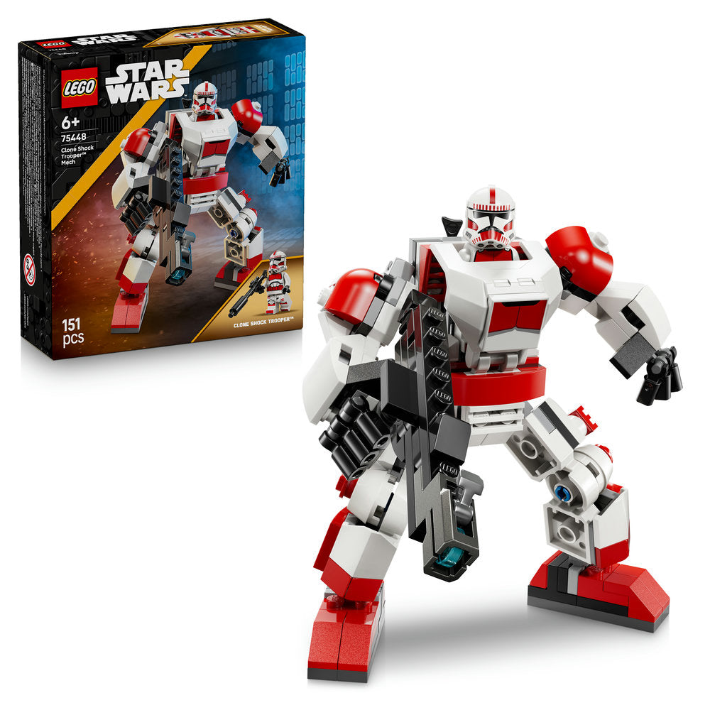 LEGO Star Wars Clone Shock Trooper Mech set 75448 featuring red white and black buildable mech with articulated limbs poseable arms and legs plus minifigure with blaster weapon 151 pieces ages 6+
