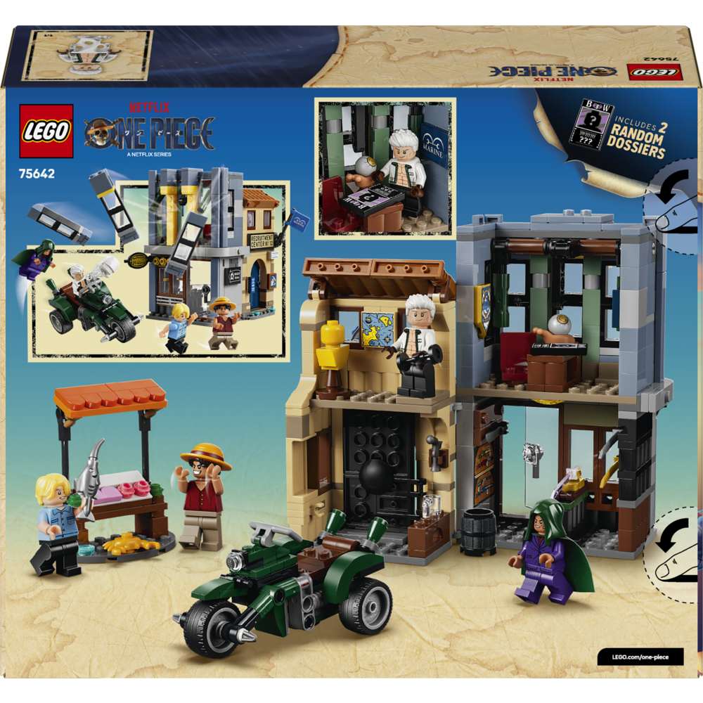 LEGO ONE PIECE Showdown with Captain Smoker 75642 - the back of the box showing play features and box contents. 547 pieces. Ages 9+.
