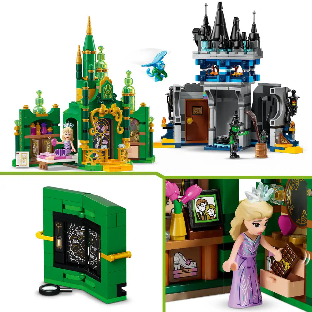 LEGO Wicked Emerald City and Kiamo Ko Castle set 75689 featuring green castle with golden spires and minifigures, dark castle tower with blue accents, green storybook element, and character figurine in purple dress