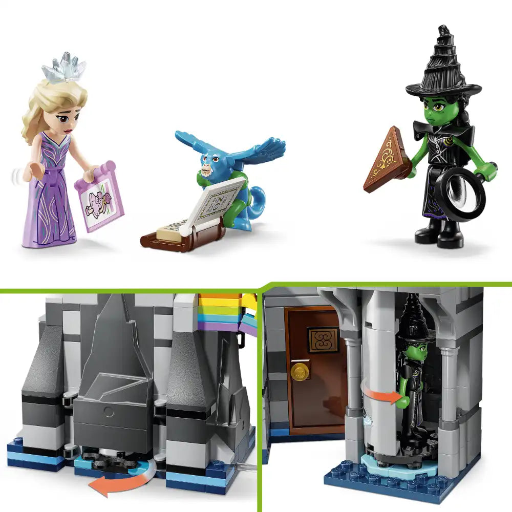 LEGO Wicked Emerald City and Kiamo Ko Castle set 75689 featuring minifigures of Elphaba the Wicked Witch in black outfit with green skin and hat, Glinda in purple gown with tiara, and a blue winged creature, alongside gray castle building sections with brown door and colorful rainbow accent details