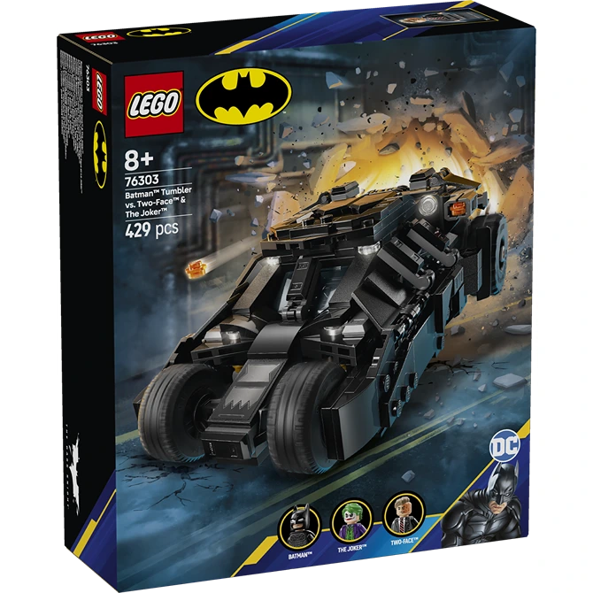 LEGO Batman Tumbler set 76303 box showing black armored vehicle with large wheels against blue urban background, includes Batman minifigure and villain characters Two-Face and The Joker, 429 pieces, ages 8 plus