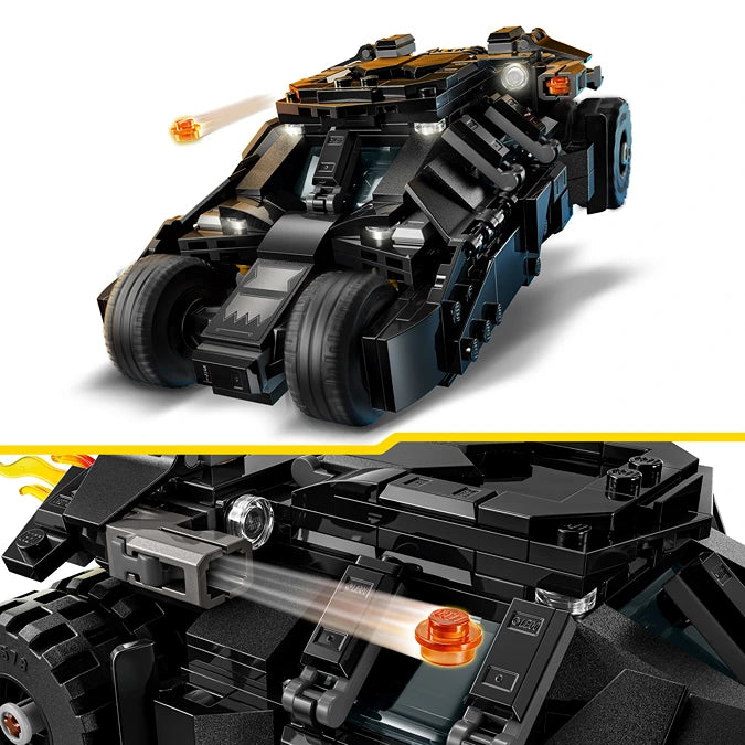 LEGO Batman Tumbler vehicle set 76303 featuring black armored batmobile with orange accents, large treaded wheels, and projectile launcher shown from two angles with detailed cockpit and weapon systems visible