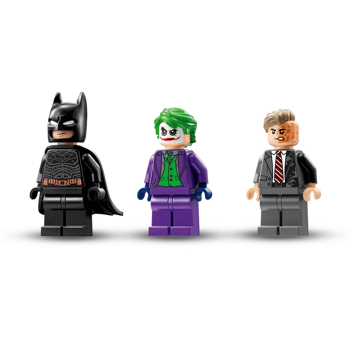 Three LEGO minifigures displayed against a white background: Batman in black suit with cape on the left, The Joker in purple suit with green hair in the center, and Two-Face in gray business suit on the right, from LEGO Batman set 76303