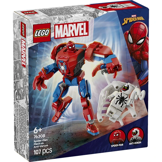 LEGO Marvel Spider-Man Mech vs Anti-Venom set 76308 box showing red and blue Spider-Man mech suit and white Anti-Venom minifigure with 107 pieces for ages 6+