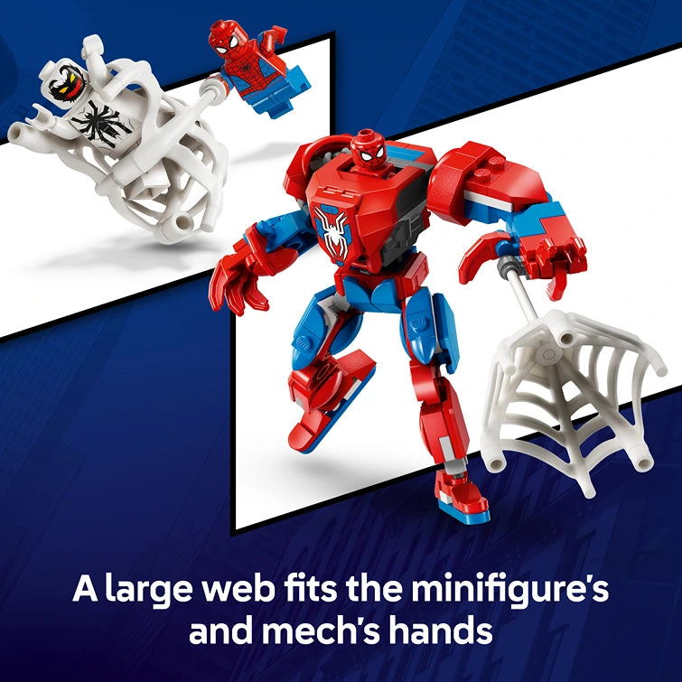 LEGO Spider-Man Mech vs Anti-Venom set 76308 featuring a red and blue Spider-Man mech with articulated joints, white Anti-Venom minifigure, and detachable web accessories against a blue and white background