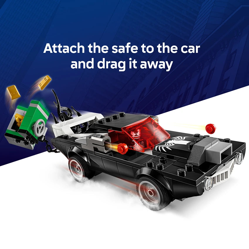 LEGO Spider-Man vs Venom Muscle Car set 76309 featuring a black muscle car with red accents, minifigures, and buildable elements including a red safe and gold bars on a white surface against a blue background