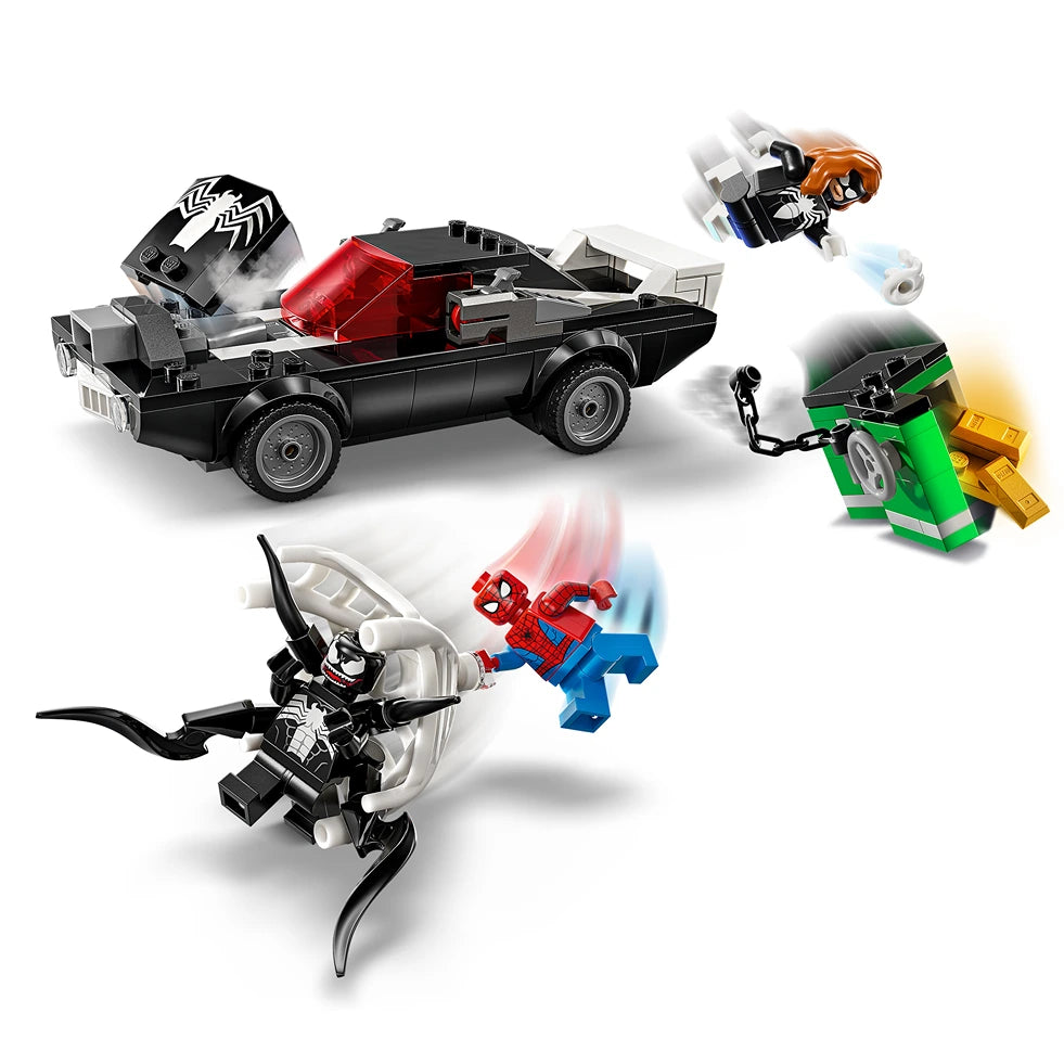 LEGO Spider-Man vs Venom Muscle Car set 76309 featuring black muscle car with red hood, Spider-Man minifigure in blue and red suit, Venom character in black and white, orange-haired character figure, green and gold motorcycle, and white robotic creature on white background