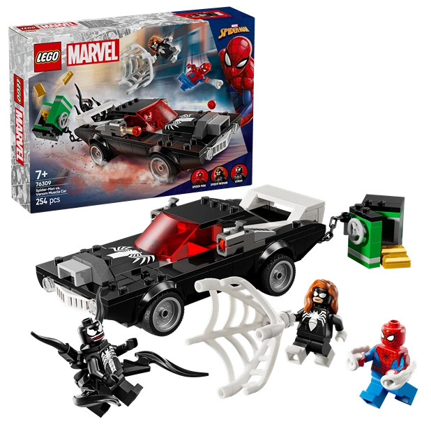 LEGO Marvel Spider-Man vs. Venom Muscle Car set 76309 featuring black and red buildable car with white web details, minifigures of Spider-Man and Venom symbiote character, green weapons accessory, and instruction box showing 254 pieces for ages 7 and up