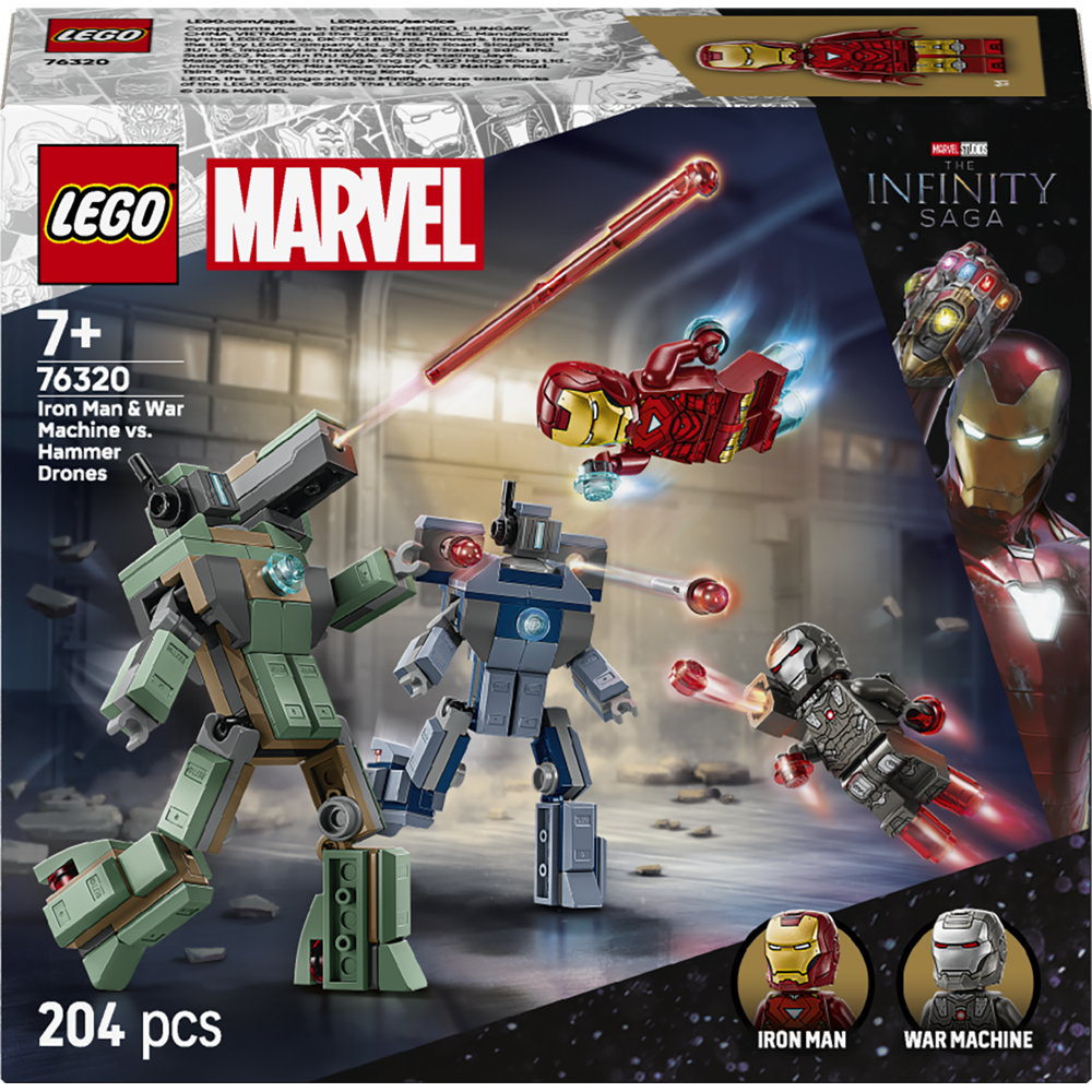 LEGO Marvel set 76320 box showing Iron Man and War Machine buildable figures in red and blue armor facing Hammer Drones, includes 204 pieces, rated 7 plus, featuring glowing minifigure accessories and battle scene backdrop