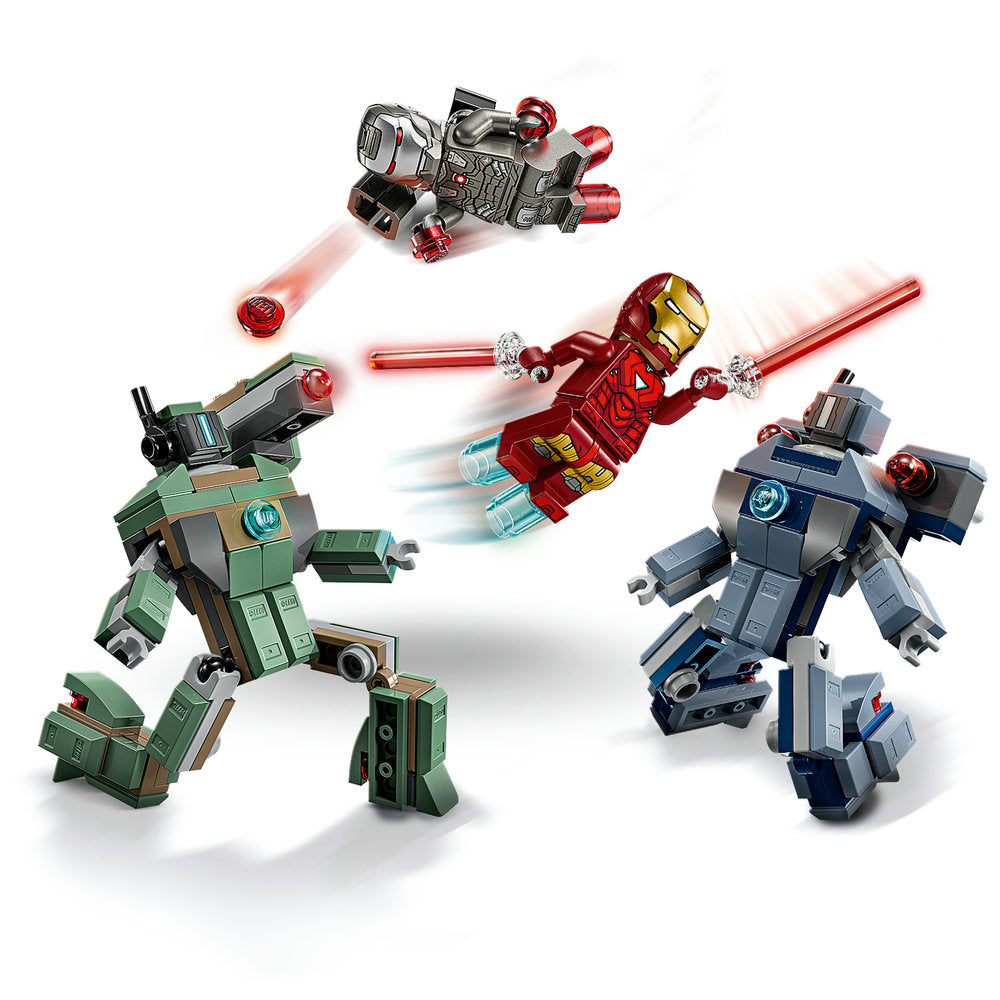 LEGO Marvel Iron Man and War Machine minifigures with red and blue armor facing green and grey mechanical drone figures with laser weapons, featuring articulated limbs and glowing effects on white background