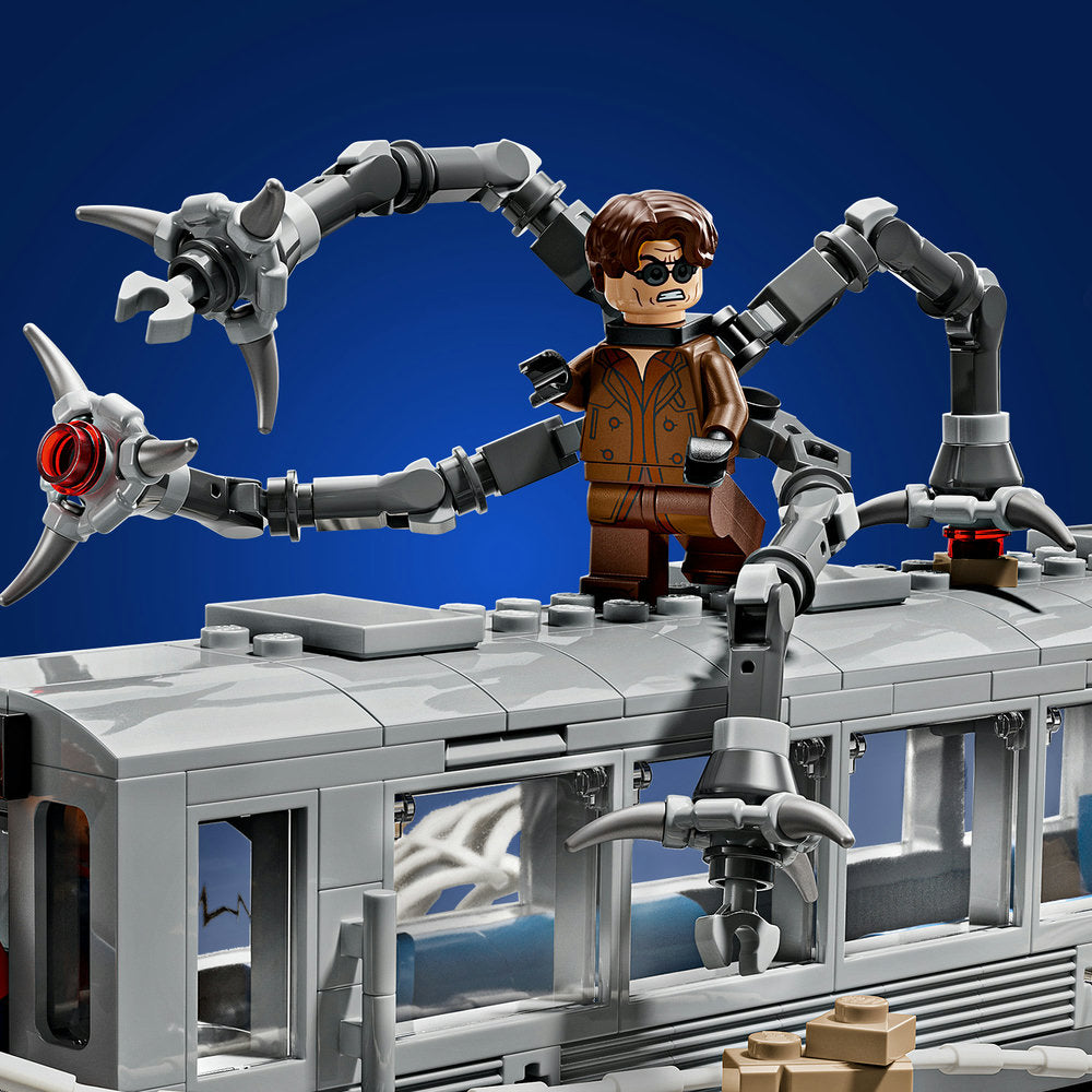 LEGO minifigure of Doc Ock with brown hair and jacket standing on grey subway train platform with multiple mechanical metal arms extended, against blue background, featuring silver and black robotic appendages and red power cores