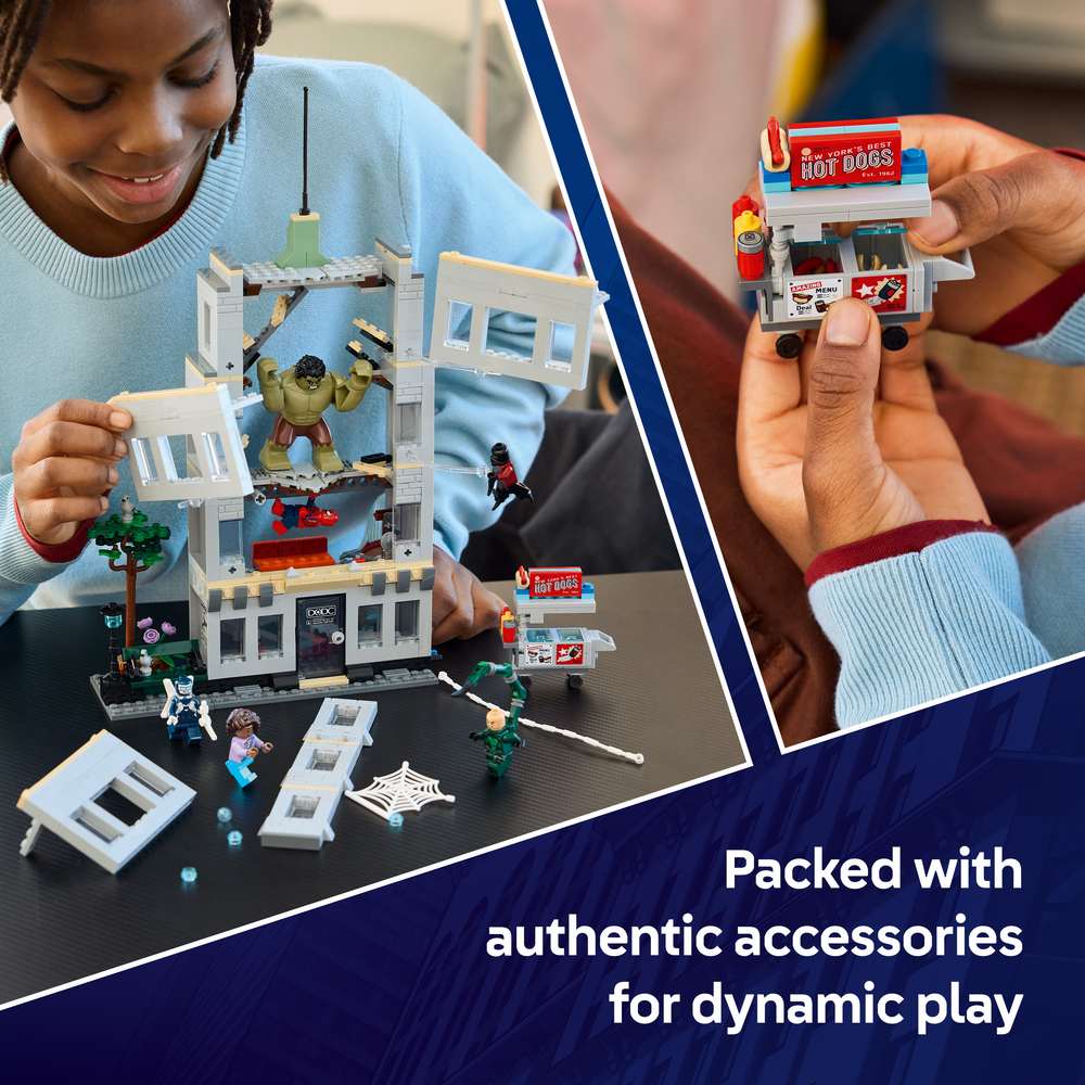 LEGO Super Heroes Spider-Man vs. Hulk Epic Clash 76350 - captioned product view. 534 pieces. Ages 8+.