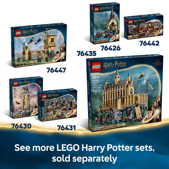 LEGO Harry Potter Hogwarts Castle Charms Class set 76442 box featuring a detailed brick castle tower with minifigures and accessories, displayed alongside other LEGO Harry Potter sets on a blue gradient background
