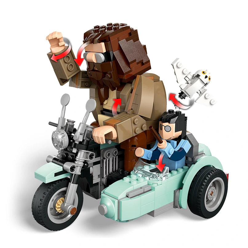 LEGO Hagrid and Harry's Motorcycle Ride set 76443 featuring a brown brick-built Hagrid minifigure with red accents riding a mint green sidecar motorcycle with chrome details, accompanied by a small Harry Potter minifigure in blue robes, constructed entirely from colorful interlocking plastic bricks