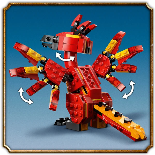 LEGO Fawkes Dumbledore's Phoenix set 76448 featuring a red and gold brick-built phoenix with articulated wings and tail sections against a blue background with movement arrows indicating poseable limbs