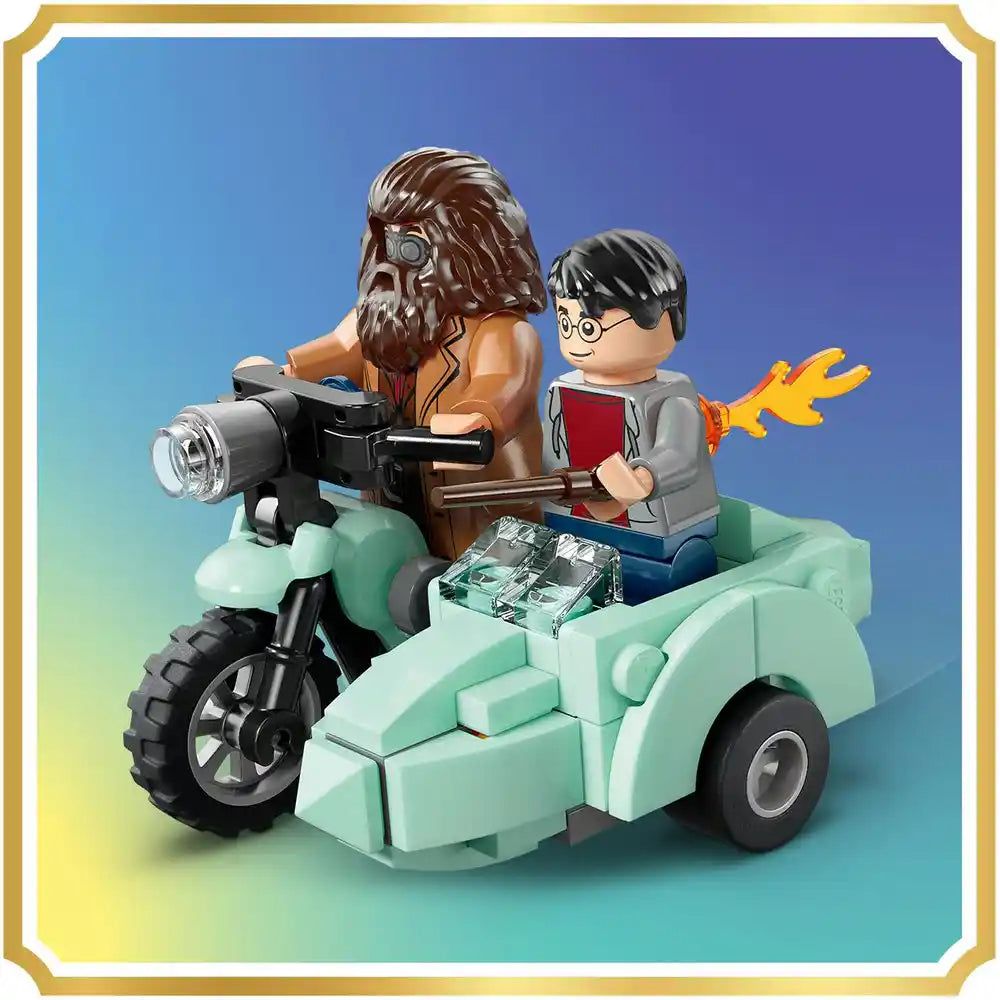 LEGO minifigures of Hagrid with camera and Harry Potter in sidecar of mint green motorcycle with attached sidecar against blue gradient background with gold frame border