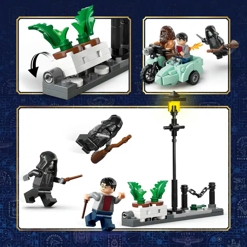 LEGO Hagrid and Harry's Privet Drive Escape set 76459 showing minifigures including Harry Potter and Hagrid, a mint green flying motorcycle with sidecar, black Death Eater minifigures, green plant elements, black lamp post with chains, and various building components on blue background with gold border frames