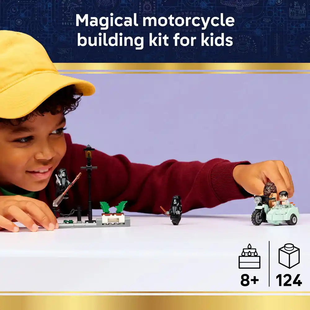 Child wearing yellow cap building a magical motorcycle LEGO set with 124 pieces, featuring minifigures and green motorcycle model on purple surface against blue technical background, recommended for ages 8 and up