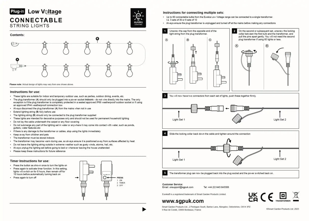 Instructions and manual for Eureka Low Voltage Connectable String Lights showing contents of 20 warm white bulbs with plug-in transformer, setup steps 1-5 for connecting multiple light sets, timer function diagram, and safety guidelines for indoor and outdoor use