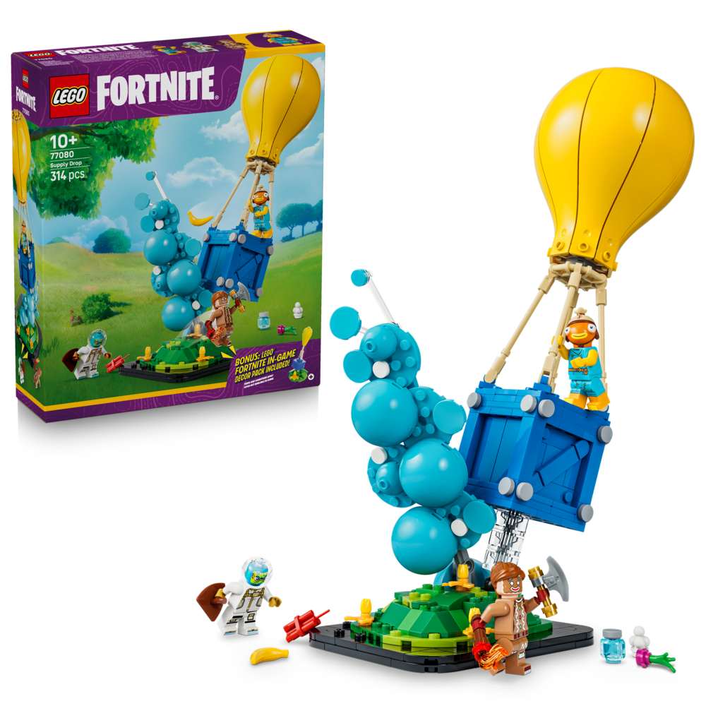 LEGO Fortnite Supply Drop 77080 - shown with its product box. 314 pieces. Ages 10+.