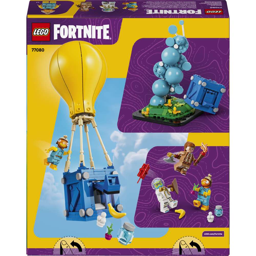 LEGO Fortnite Supply Drop 77080 - the back of the box showing play features and box contents. 314 pieces. Ages 10+.
