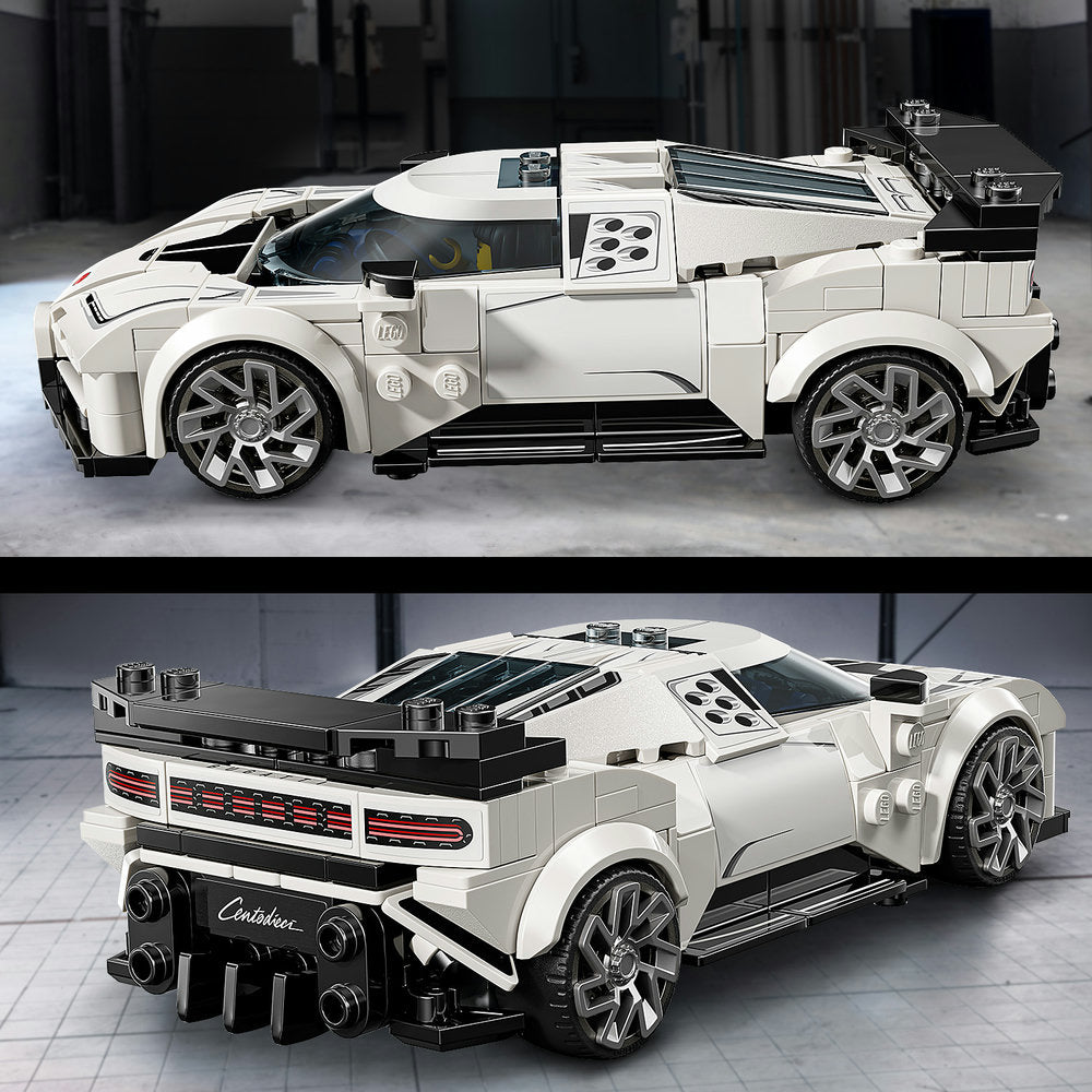 LEGO Bugatti Centodieci white and black hypercar building set 77240 shown assembled from multiple angles displaying opening doors, detailed interior cockpit, realistic wheels, and rear engine design with red taillights