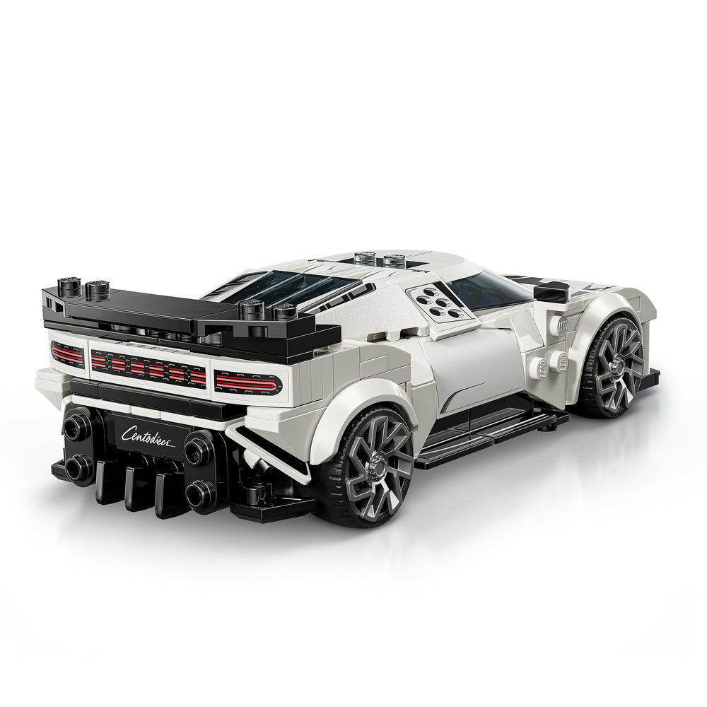 LEGO Bugatti Centodieci Hyper Sports Car set 77240 in white and black with detailed brick construction showing side profile with open door, large rear exhaust pipes, silver wheels and racing stripe details