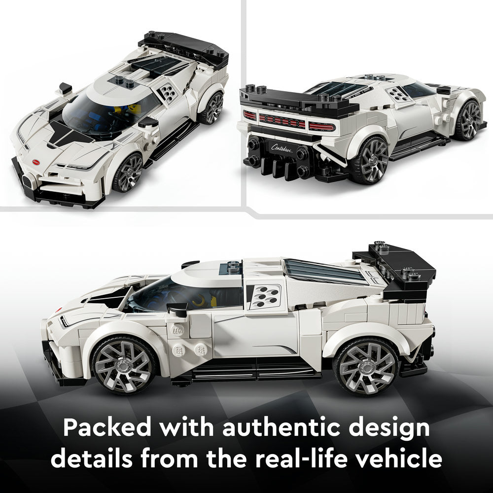 LEGO Bugatti Centodieci white and black buildable hypercar model shown from three angles displaying opening doors, detailed interior, aerodynamic body design and authentic replica details from the real vehicle