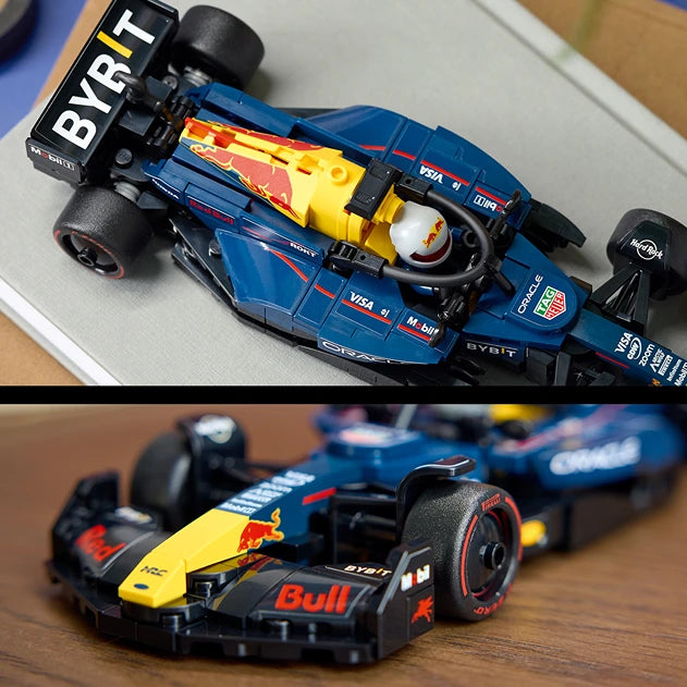 Two views of LEGO Oracle Red Bull Racing RB20 F1 race car set 77243 showing blue and yellow buildable model with Red Bull branding from top-down and angled perspectives on white and wooden surfaces