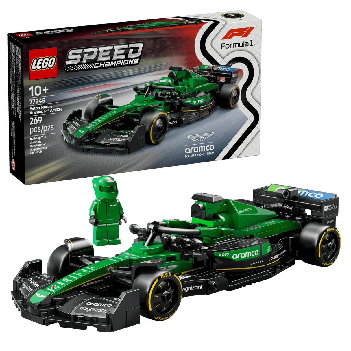 LEGO Speed Champions Aston Martin Aramco F1 AMR24 set 77245 featuring green and black Formula 1 race car with yellow accents, included minifigure driver, and original packaging box displaying 269 pieces for ages 10 and up