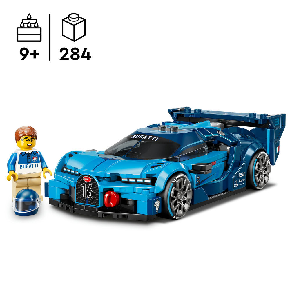 LEGO Bugatti Vision GT blue hyper sports car set 77253 with 284 pieces featuring detailed racing vehicle, minifigure driver in Bugatti racing suit with helmet, and spoiler wing detail, recommended for ages 9 and up