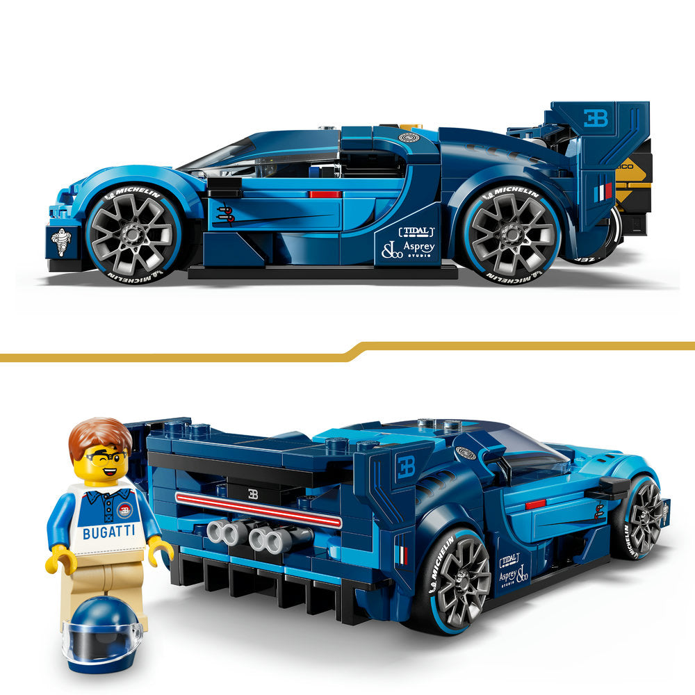LEGO Bugatti Vision GT Hyper Sports Car set 77253 featuring a detailed blue and black buildable sports car with Michelin tires, silver alloy wheels, opening doors, and a minifigure driver in white and blue Bugatti racing suit with helmet