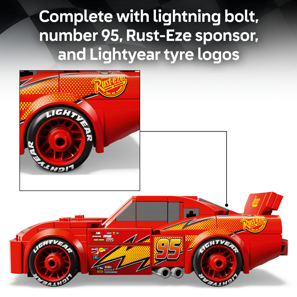 LEGO Lightning McQueen 77255 set showing red race car with number 95, Rust-Eze sponsor logo, Lightyear tyre branding, lightning bolt details, and red wheels displayed in side profile view