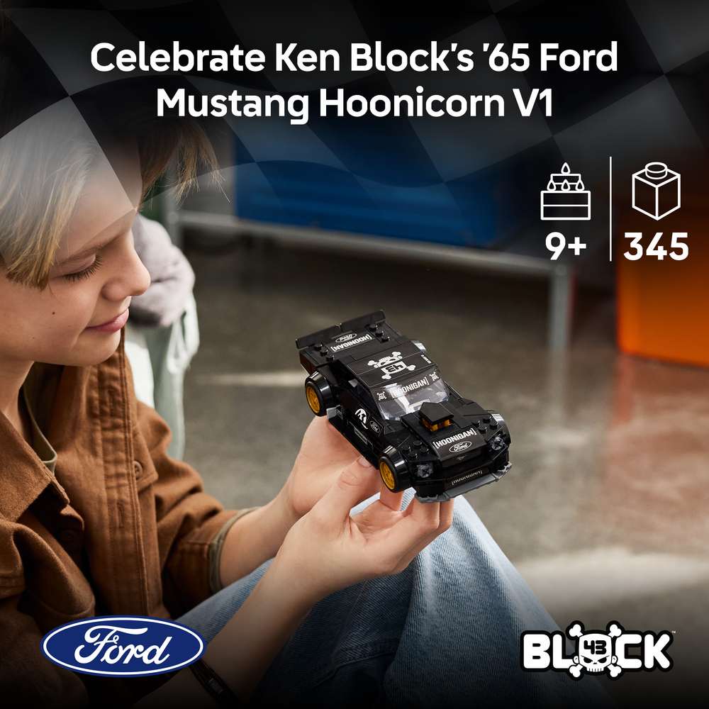 LEGO Speed Champions Ken Block's '65 Ford Mustang Hoonicorn V1 77262 - captioned product view. 345 pieces. Ages 9+.