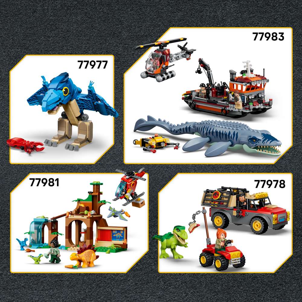 LEGO Jurassic World Spinosaurus Dinosaur Escape 77982 - shown alongside related LEGO sets sold separately. 820 pieces. Ages 9+.